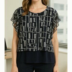 Joseph Ribkoff Women’s 12 Navy Blue Textured Sheer Top Geometric Overlay Artsy